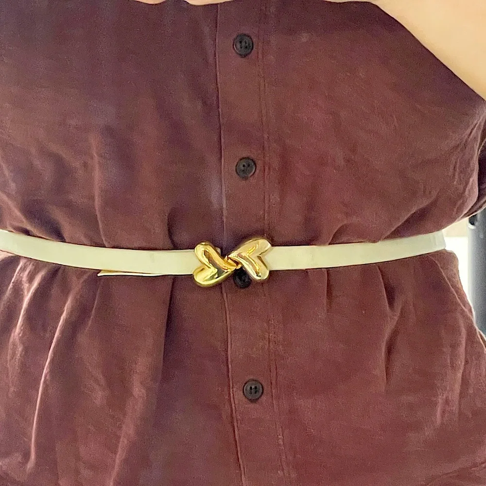 Vintage Cream skinny‎ Belt with Gold Hearts Hook Closure